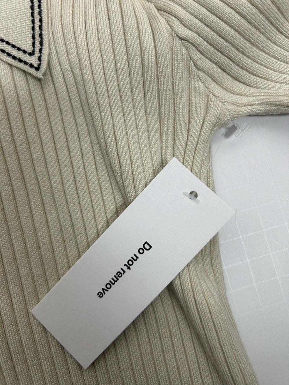 Rumored Ribbed Long Sleeve Polo Sweater Knit Top Cream Contrast Stitch - Picture 6 of 12